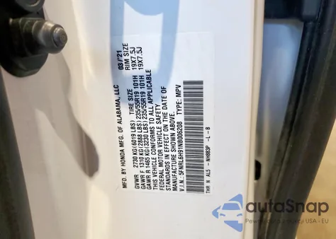 2022 Honda Odyssey Elite из США, поврежденный, VIN 5FNRL6H91NB006208